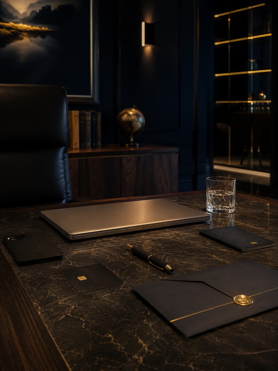 Eleganter privater Arbeitsplatz mit geschlossenem Laptop, Smartphone, Reisepass, Zugangskarte und diskreten Sicherheitslinien.