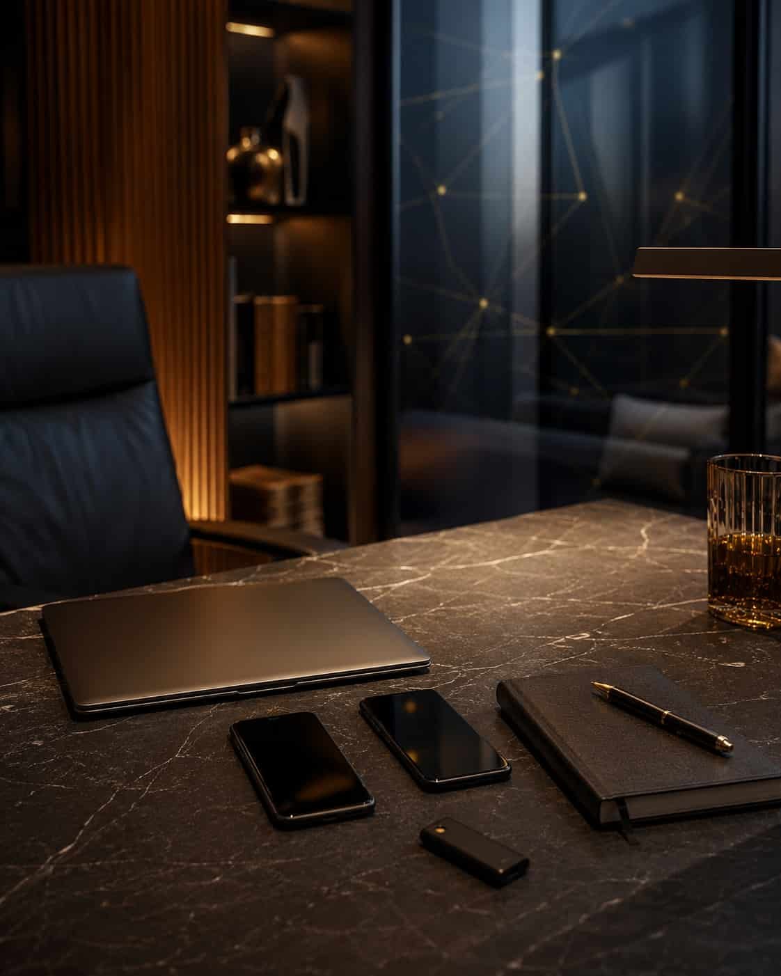 Ruhiger Arbeitsplatz mit geschlossenem Laptop, zwei Smartphones, Notizbuch, Sicherheitsschlüssel und dezenten verschlüsselten Kommunikationslinien.
