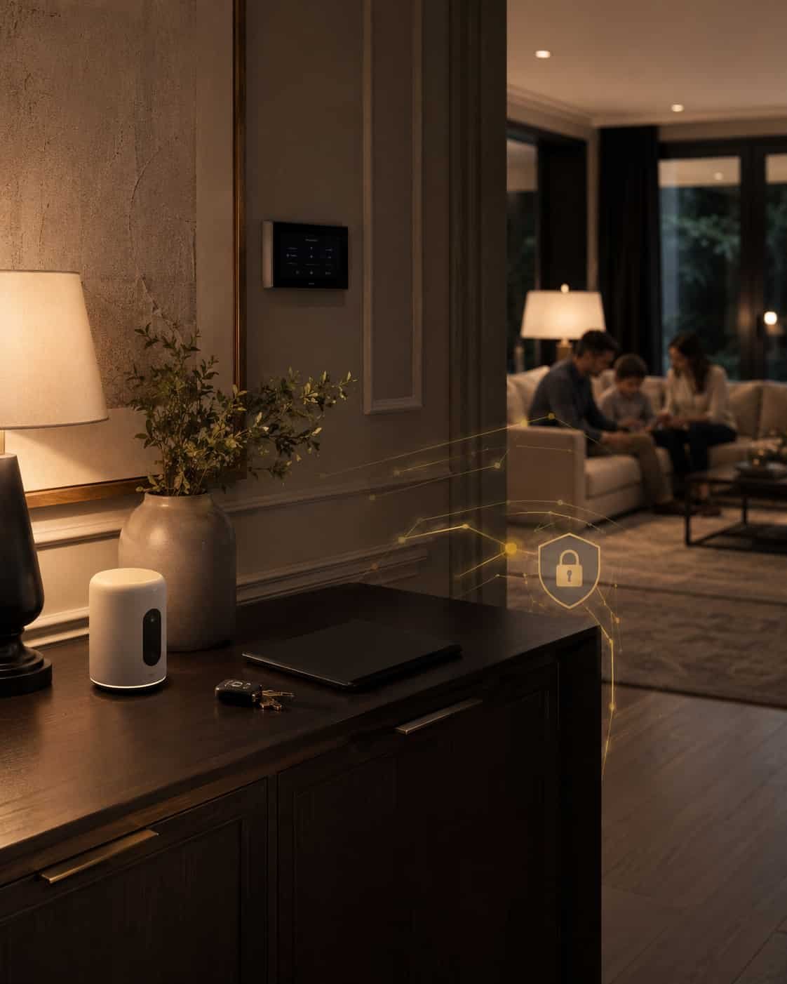 Eleganter Wohnraum mit Smart-Home-Bedienelement, Tablet, Schlüssel, Familienkalender und dezenten Datenschutzlinien.