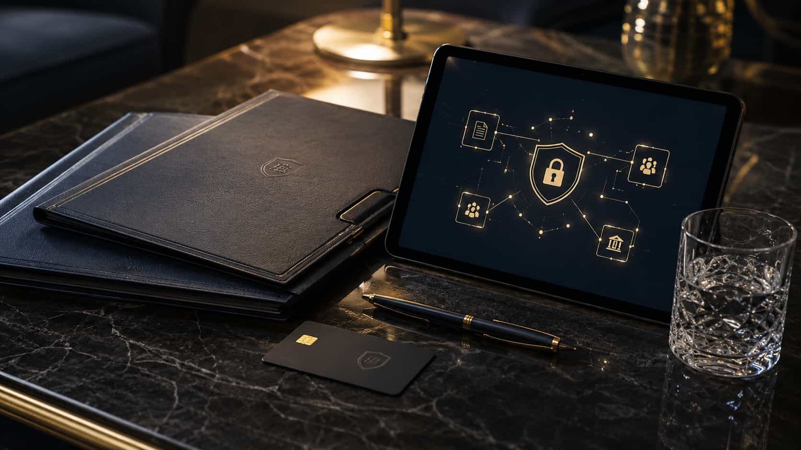 Premium-Stillleben mit geschlossenen Vermögensmappen, Zugangskarte, Tablet mit geschütztem Datenraum und vertraulicher Finanzdatensicherheit.