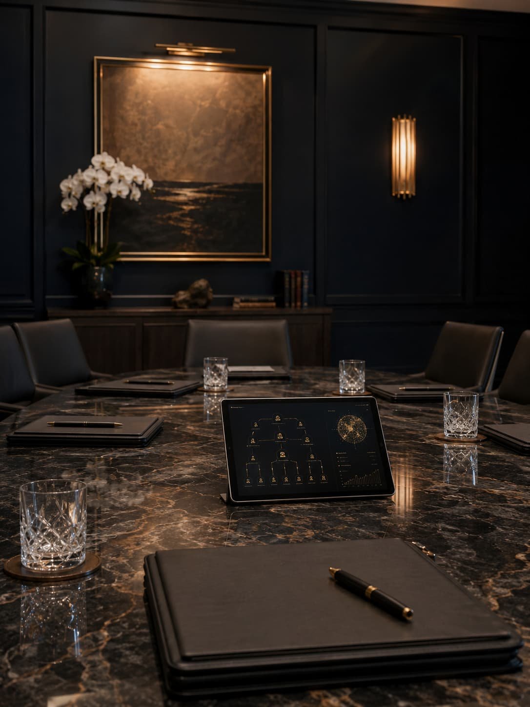 Eleganter Family-Office-Konferenzraum mit dunklem Holz, Naturstein, geschlossenen Mappen und abstrakter KI-gestützter Vermögensstruktur.