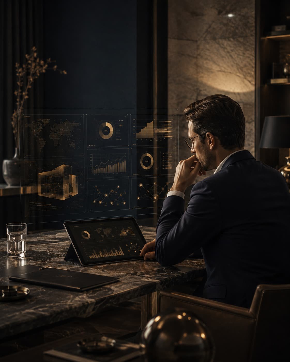 Family-Office-Investmentdirektor prüft abstrakte Risiko- und Reportingdaten zu Immobilien, Liquidität und Private Markets.