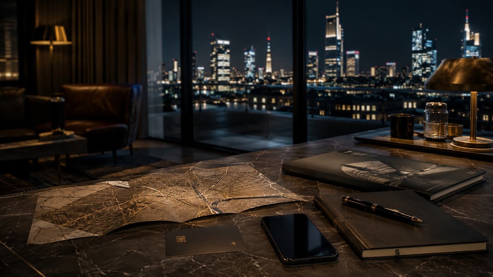 Elegante private Lounge mit Stadtplan, Kunstkatalog, Hotel-Keycard und Blick auf eine deutsche Großstadtsilhouette bei Nacht.