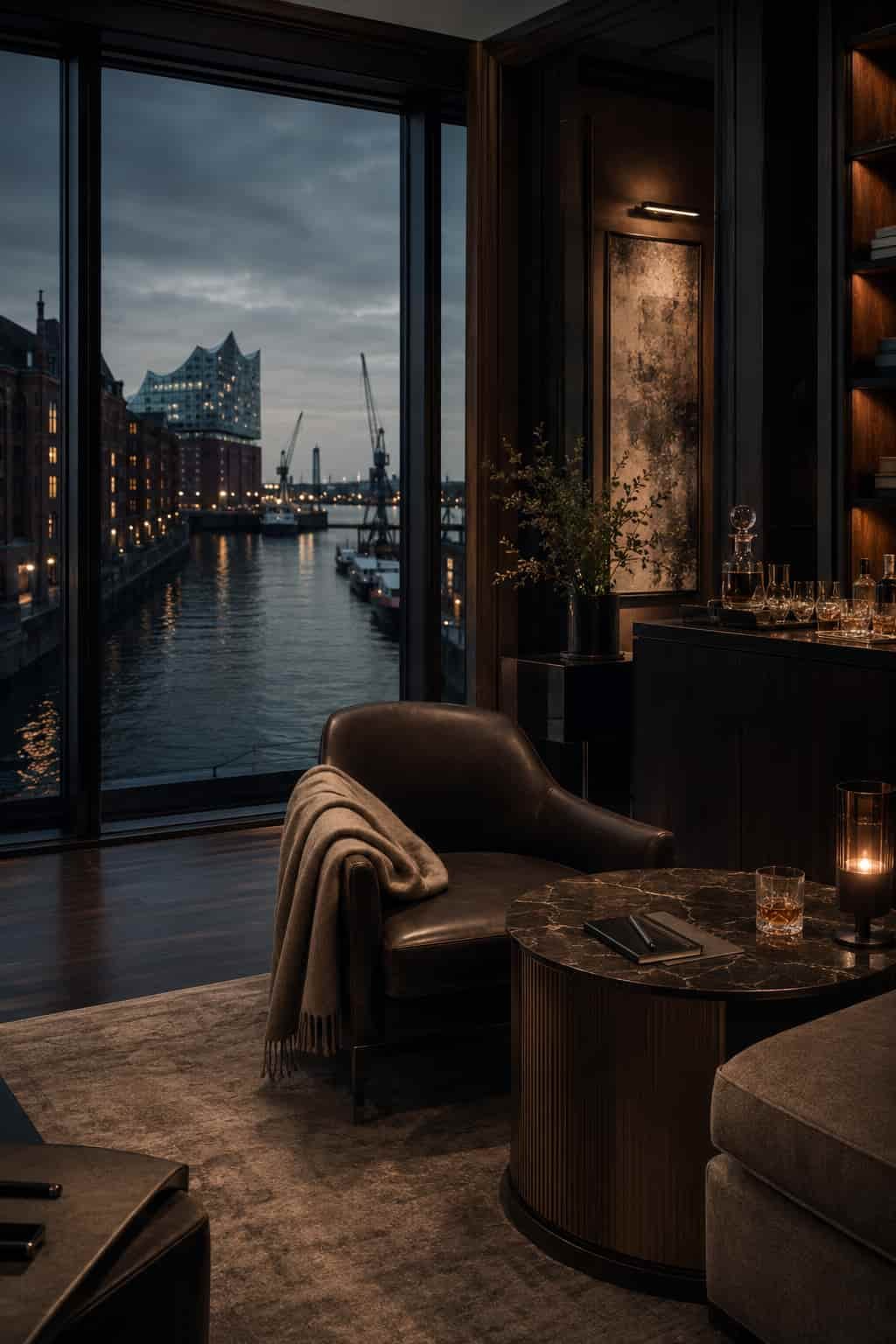 Diskrete hanseatische Lounge mit Wasserblick, gedeckten Farben, hochwertigem Interior und ruhiger maritimer Abendstimmung.