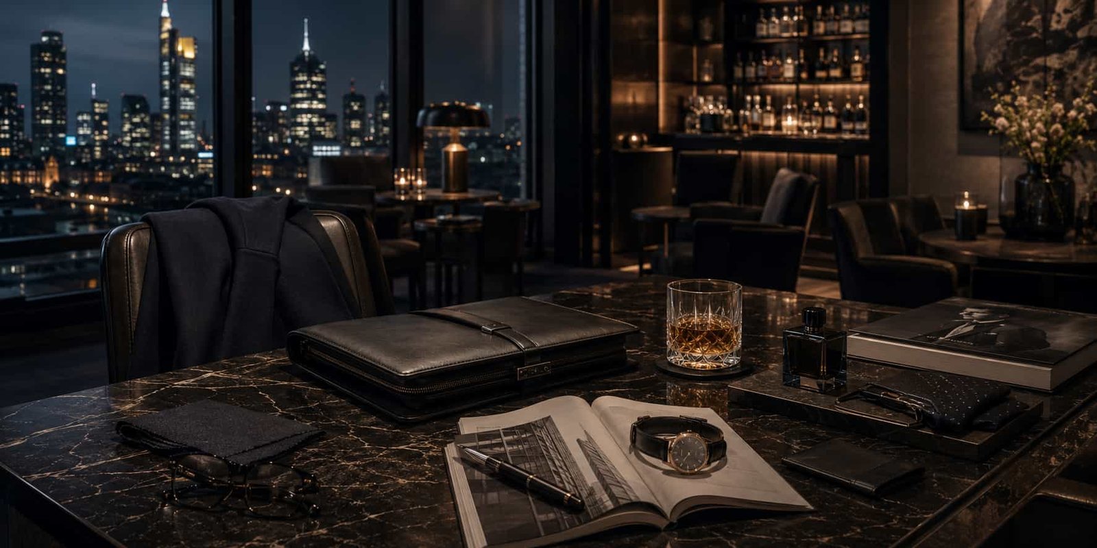 Moderner Business-Club mit Skyline-Andeutung, Lederakte, Architekturmagazin, Mode-Accessoires und gepflegter urbaner Atmosphäre.