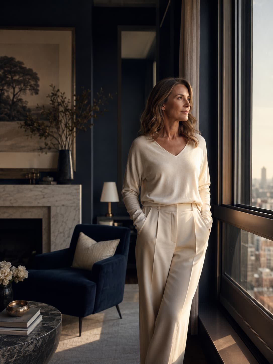 Souveräne Frau steht ruhig am Fenster in einem hochwertigen Interior als Symbol für Frauen-Longevity und Lebensphasenkompetenz.
