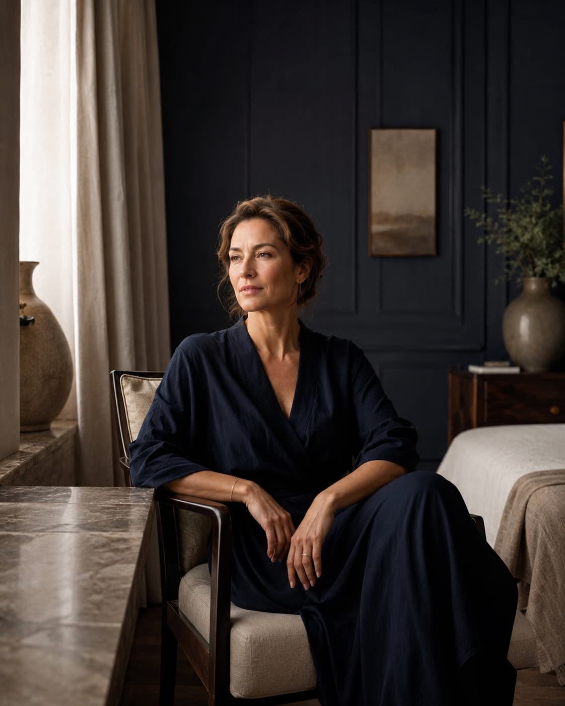 Souveräne Frau in der Lebensmitte in einem luxuriösen Raum als Symbol für Perimenopause und Menopause ohne Klischee.