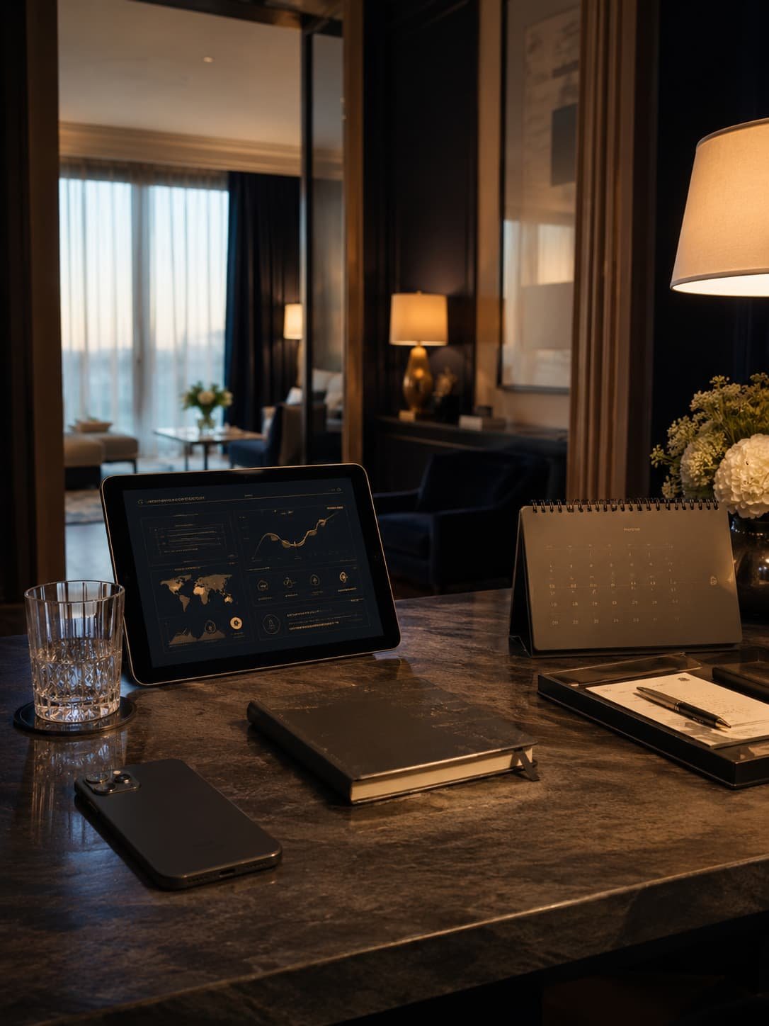 Eleganter privater Schreibtisch mit Kalender, Reiseunterlagen, Smartphone und abstrakter KI-Concierge-Planung.