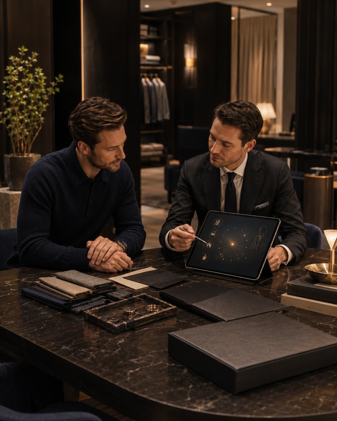 Eleganter Private-Shopping-Salon mit Stoffmustern, Cashmere, Geschenkbox und abstrakter KI-gestützter Präferenzlogik.