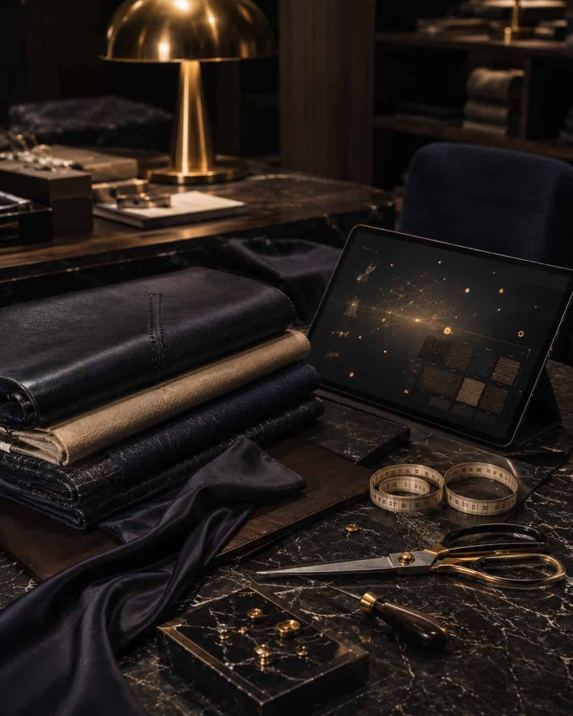 Elegantes Stillleben mit Cashmere, Leder, Seide, Nähdetail, Handwerkszeug und dezenten KI-Qualitätslinien.