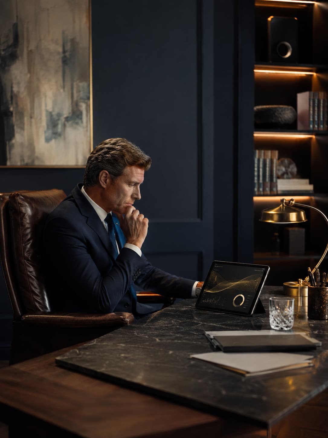 Elegantes Family-Office-Interior mit Tablet, abstrakten Datenströmen und ruhiger Premium-Atmosphäre.