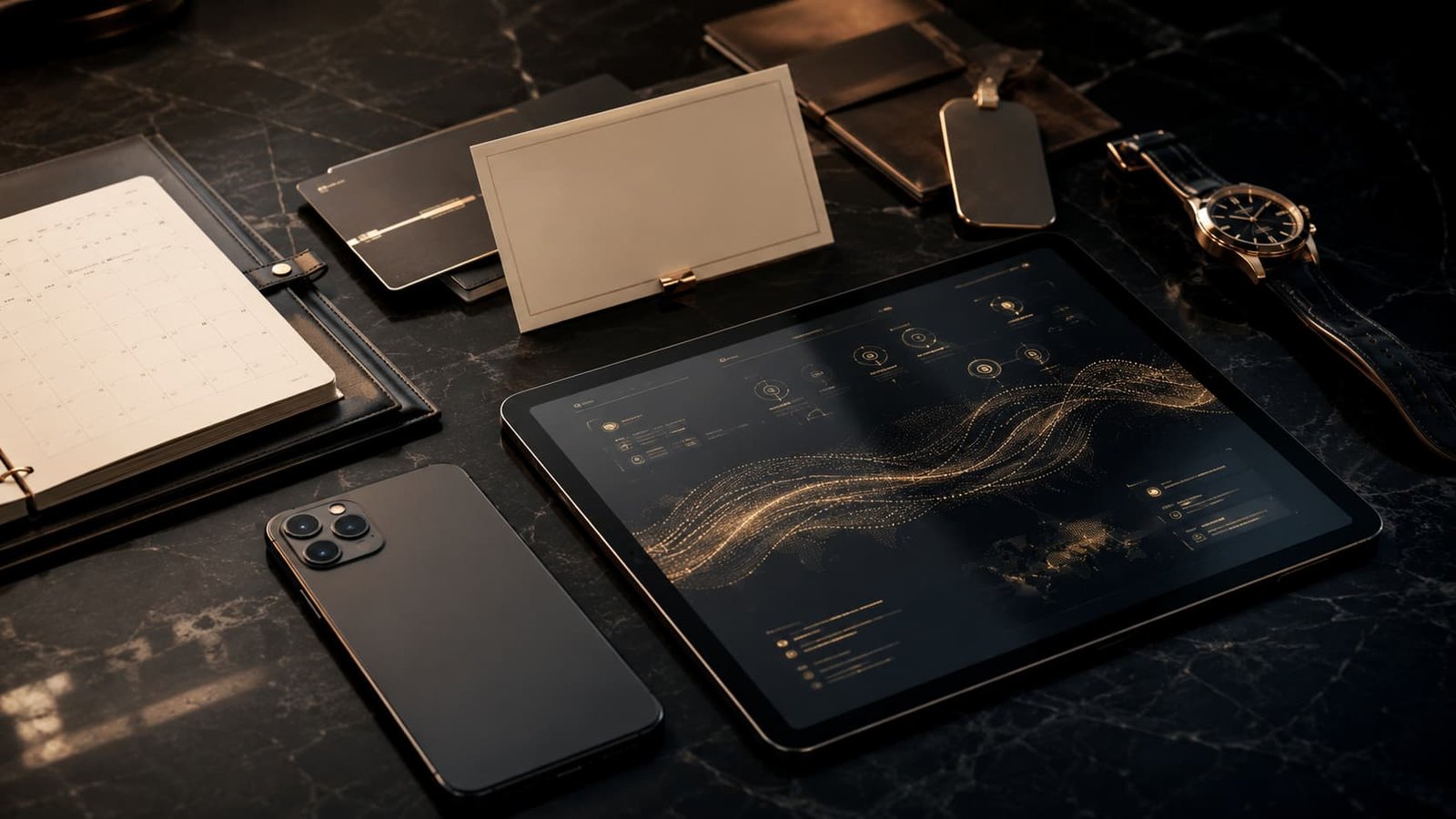 Hochwertiges Stillleben mit Kalender, Smartphone, Uhr, Reiseunterlagen und abstraktem KI-Concierge-Interface.