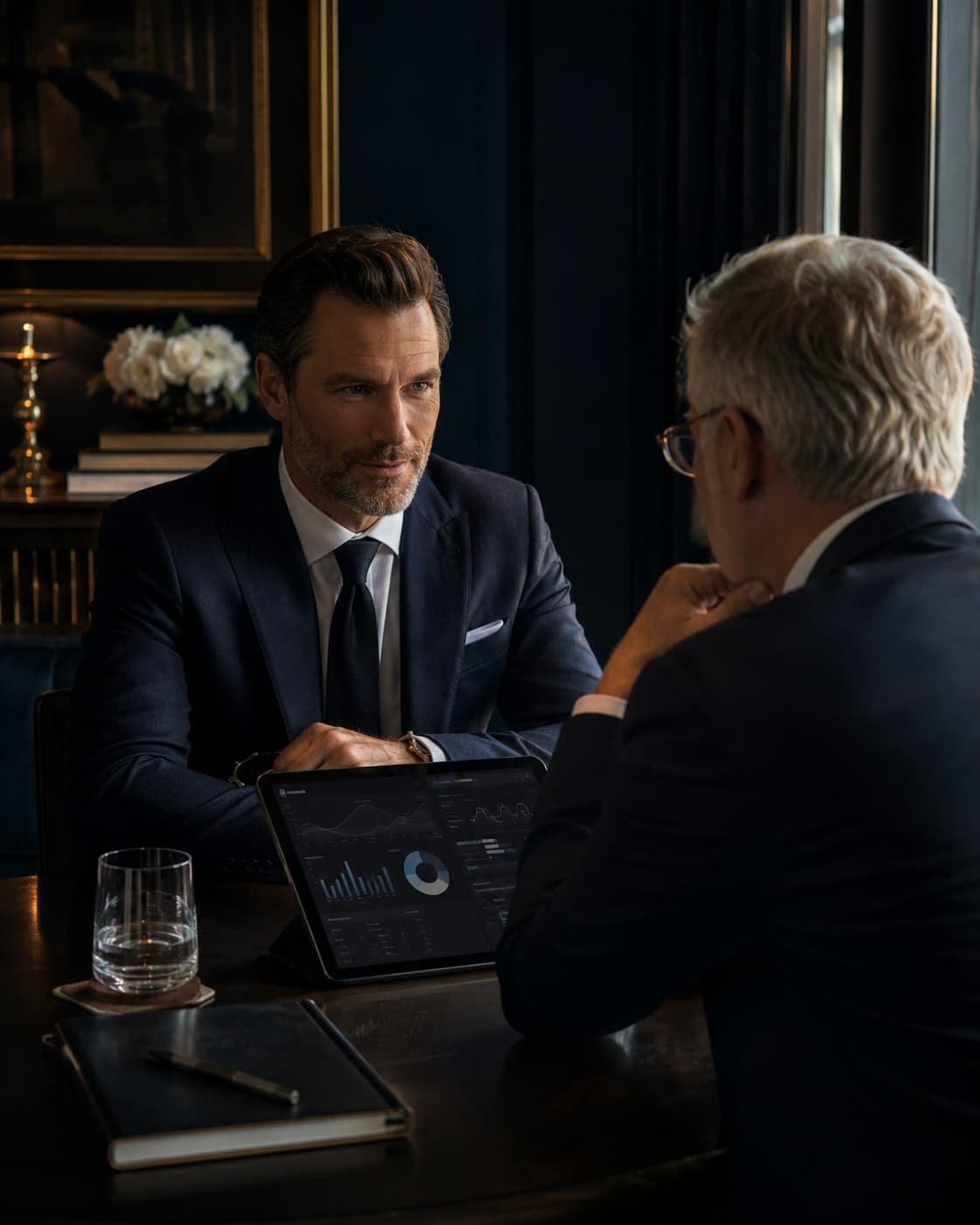Diskrete Wealth-Management-Beratung mit Berater, Kunde, Tablet und abstrakten Portfolio-Szenarien.