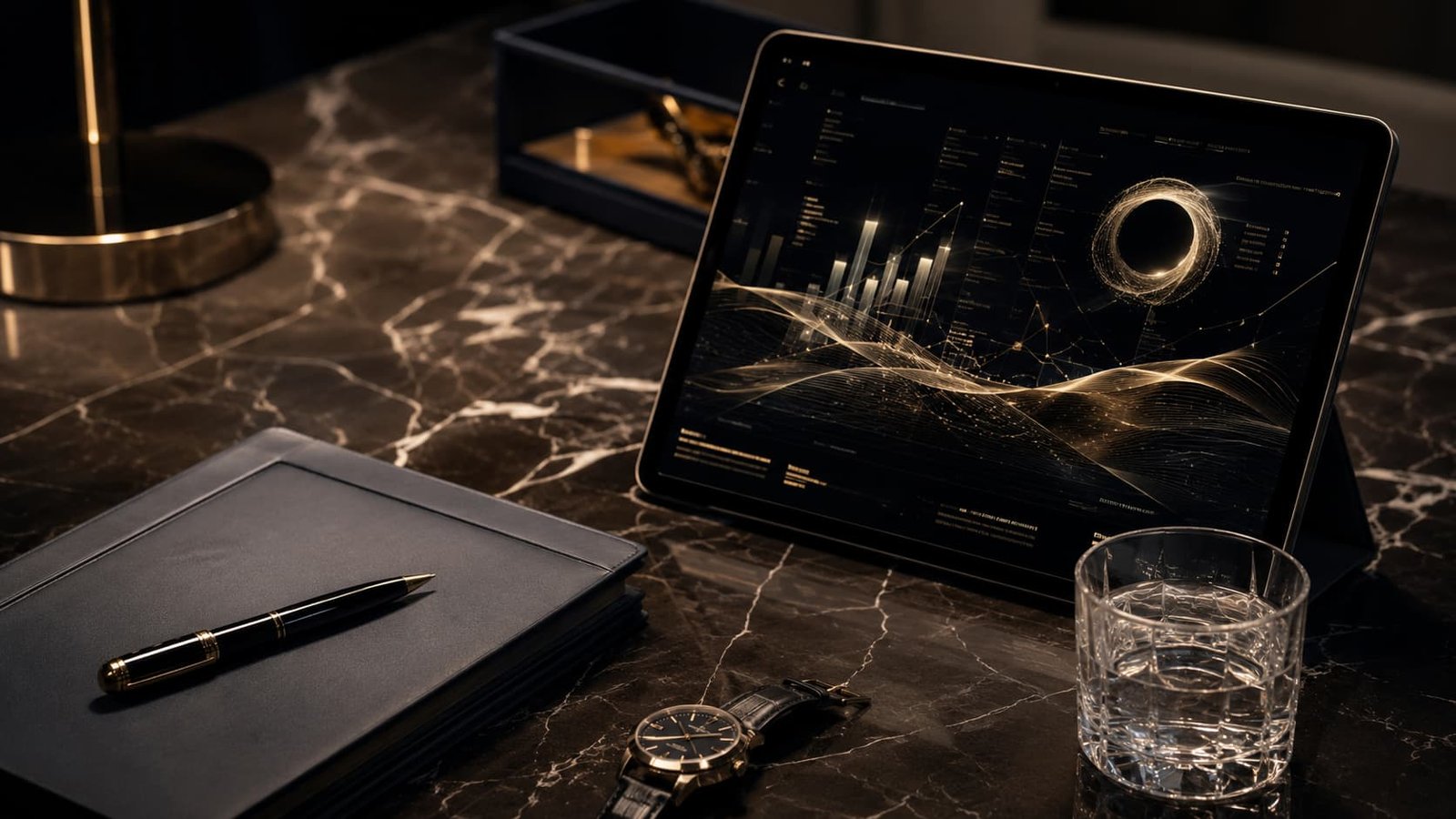 Hochwertiges Stillleben mit Investmentunterlagen, Tablet, abstrakter Risikoanalyse, Füller, Uhr und Wasserglas.