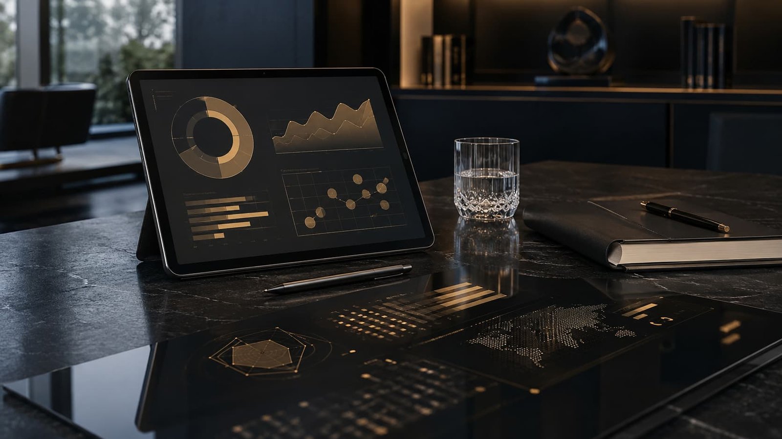 Elegante Wealth-Reporting-Szene mit Tablet, abstrakten Portfolio-Szenarien, Risikomatrix und ruhiger Premium-Ästhetik.