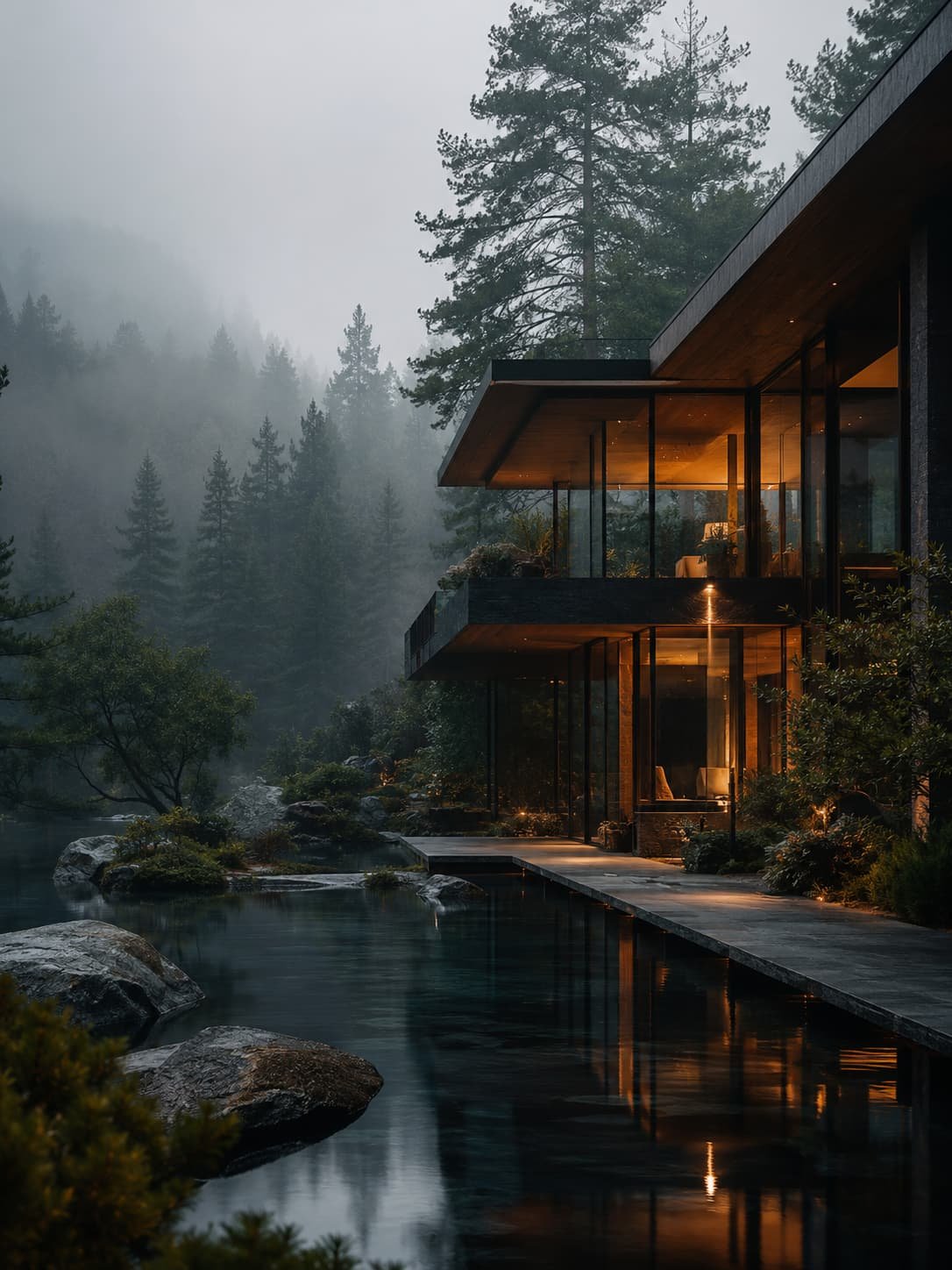 Exklusive Longevity-Retreat-Architektur in stiller Natur mit dunklem Stein, warmem Licht und absoluter Diskretion.