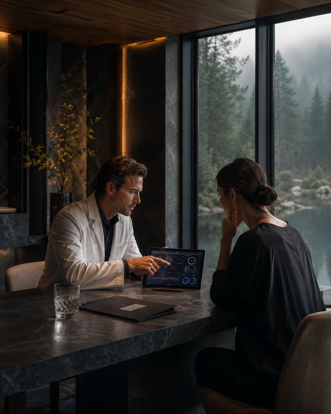 Diskrete Diagnostik-Beratung in einem Longevity-Retreat mit Tablet, Gesundheitsdaten und Naturblick.