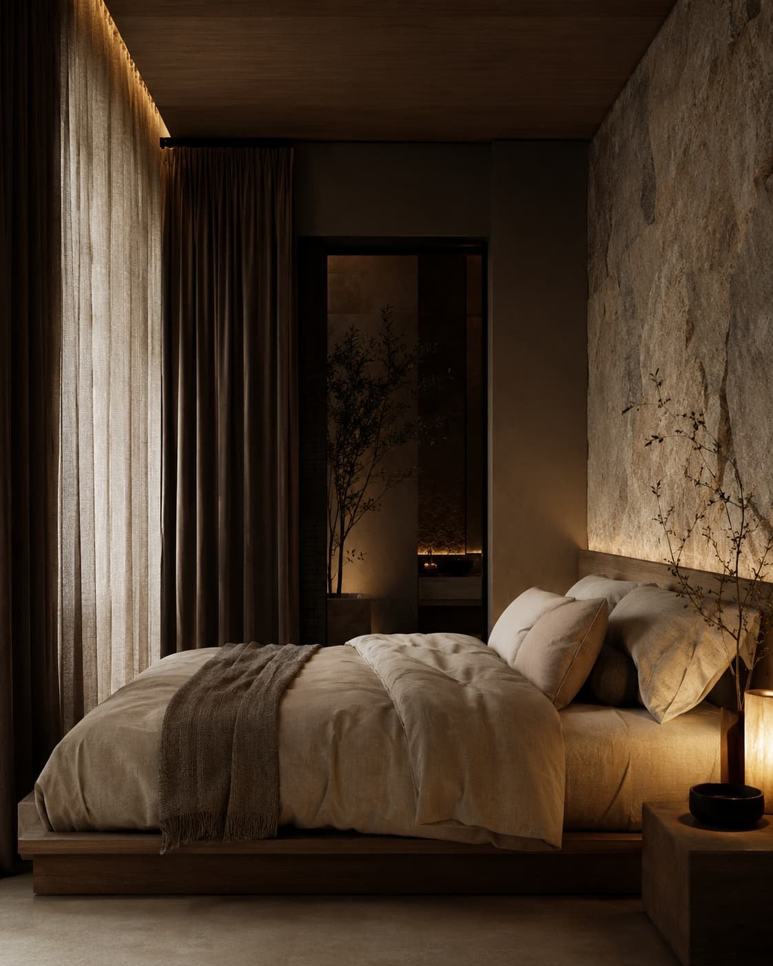 Ruhige Sleep Suite in einem exklusiven Longevity-Retreat mit Naturmaterialien, dunklen Vorhängen und warmem Licht.