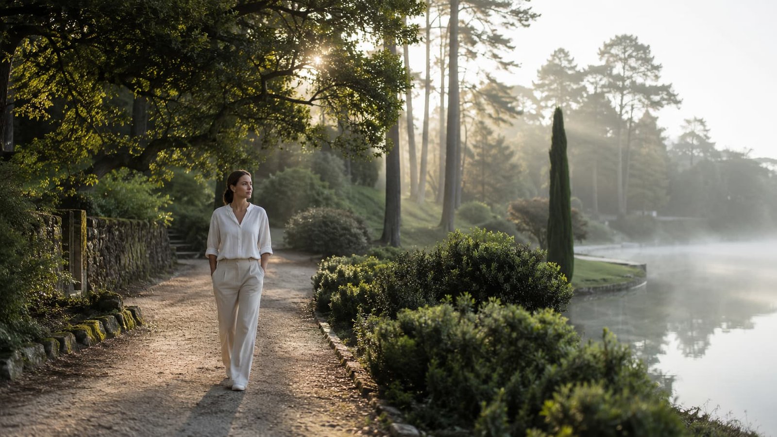 Elegante Person geht langsam durch eine private Naturlandschaft mit Nebel, Wasser und Morgenlicht.
