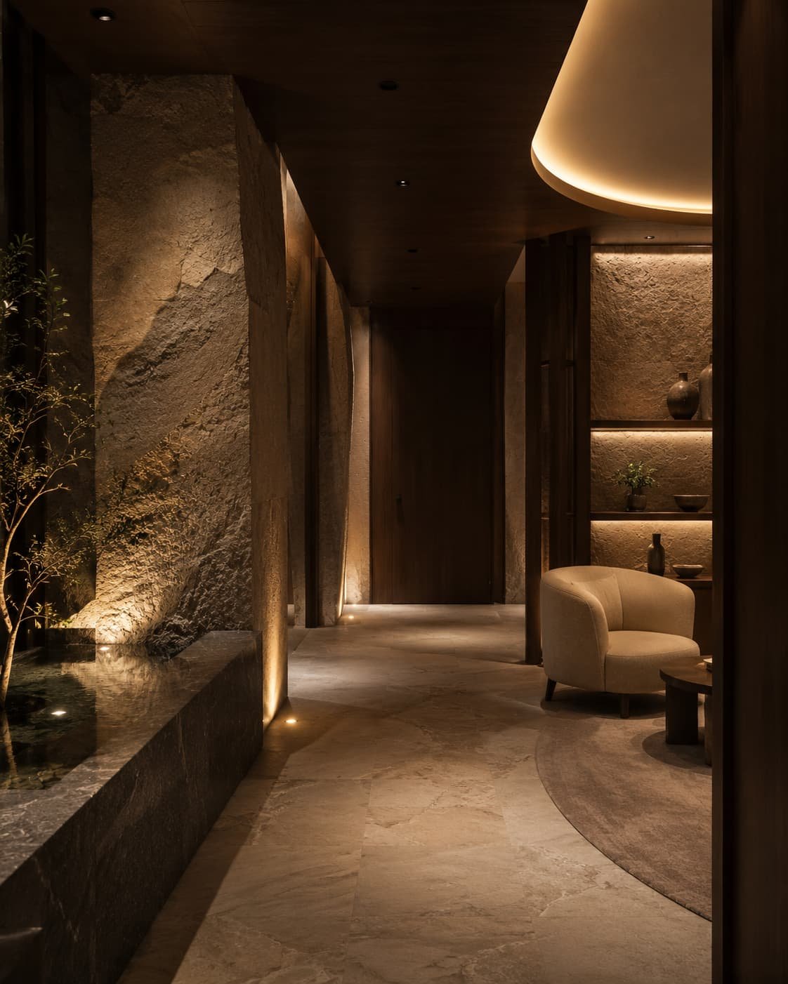 Stiller Eingangsbereich eines privaten Wellness Clubs mit dunklem Holz, Naturstein und geschlossenem Zugang.