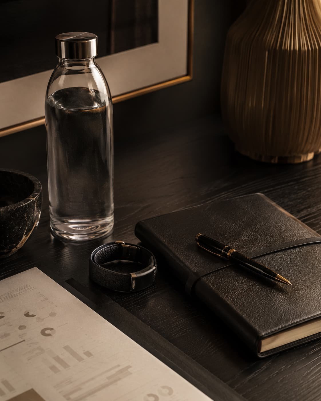 Hochwertiges Editorial-Stillleben mit Wearable, Wasserflasche, Journal und diskretem Health-Check-Dokument auf dunklem Tisch.