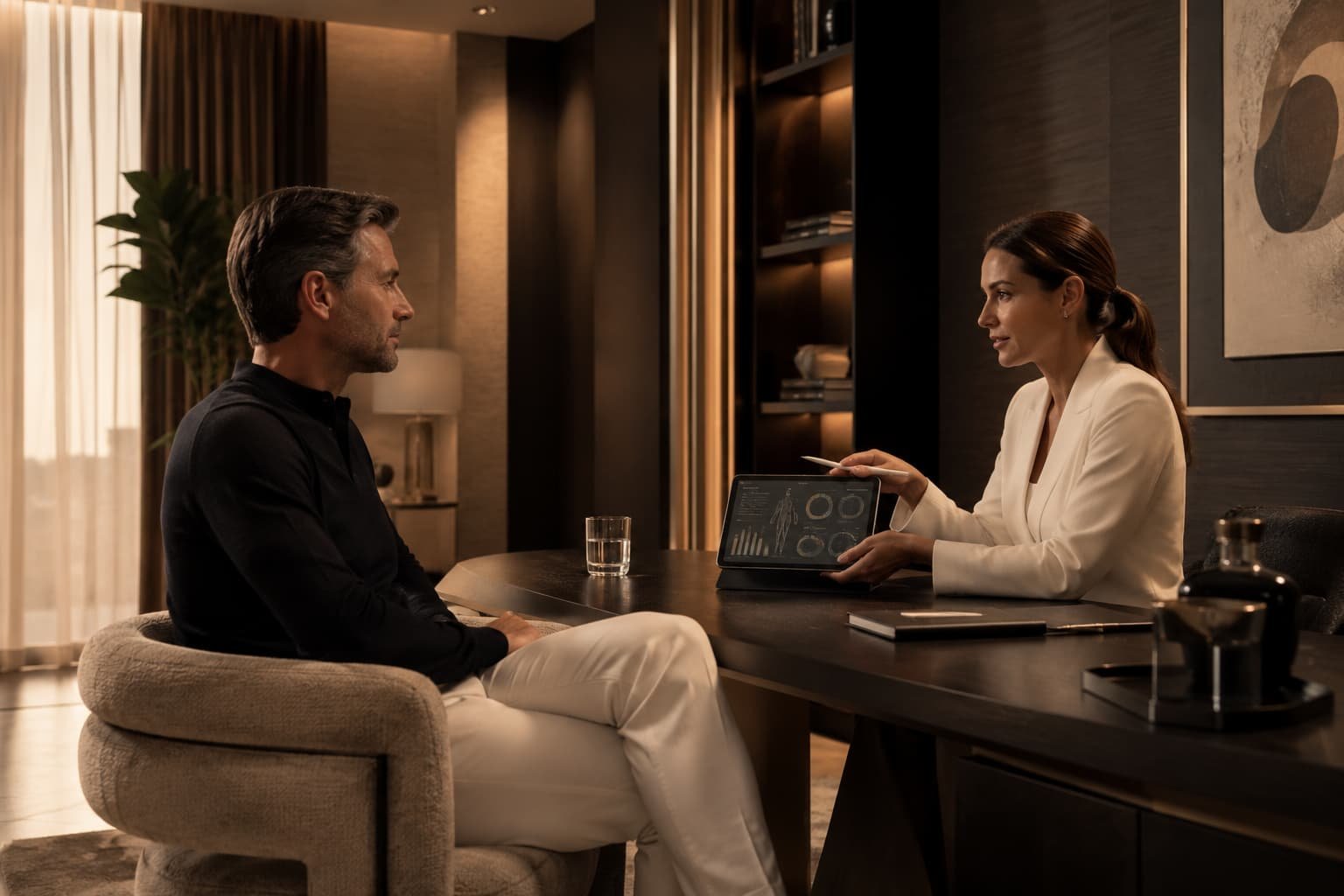 Elegante private Health-Consulting-Szene mit Tablet, Gesundheitsdaten und hochwertigem Beratungsumfeld.