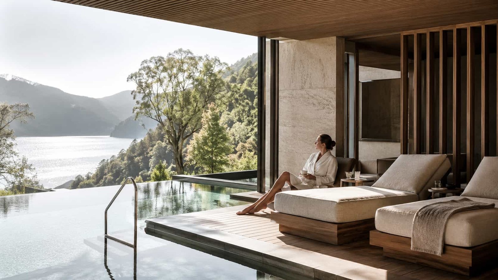 Exklusiver Longevity-Retreat-Moment mit ruhigem Spa-Pool, eleganter Architektur und regenerativer Atmosphäre.