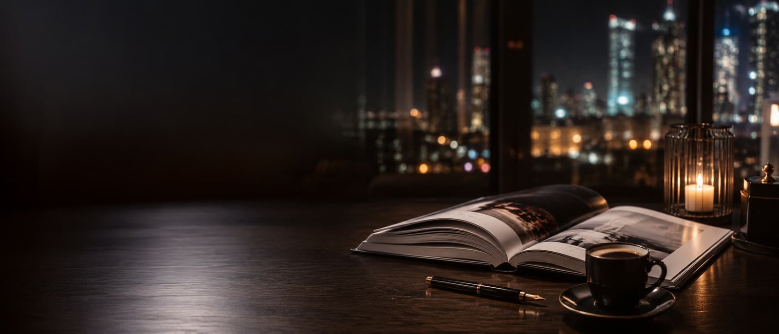Eleganter Editorial-Tisch bei Nacht mit Magazin, Espresso, Füllfederhalter und warmem Licht.