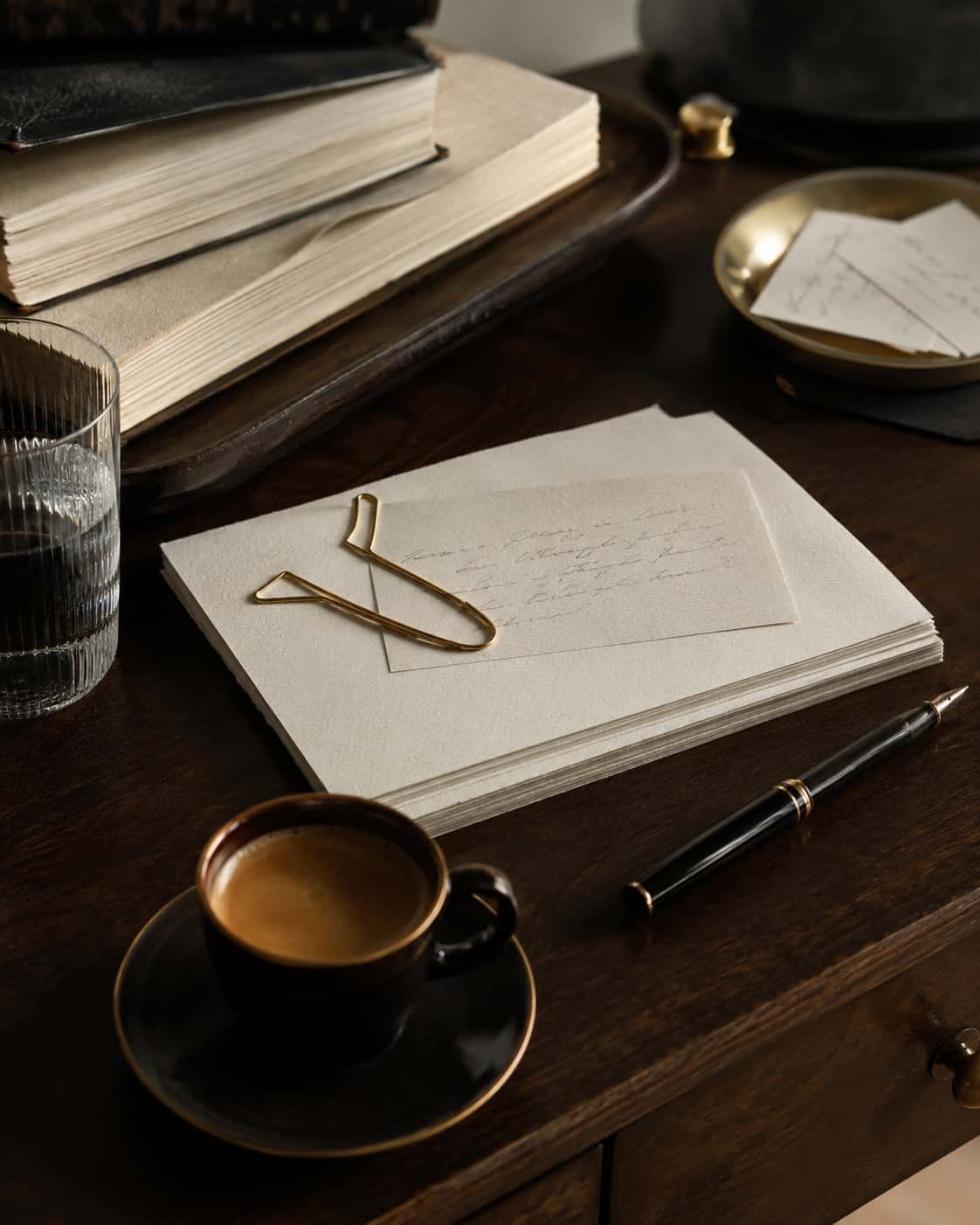 Hochwertiger redaktioneller Schreibtisch mit Notizkarten, Leinenpapier, schwarzem Füller und Espresso.