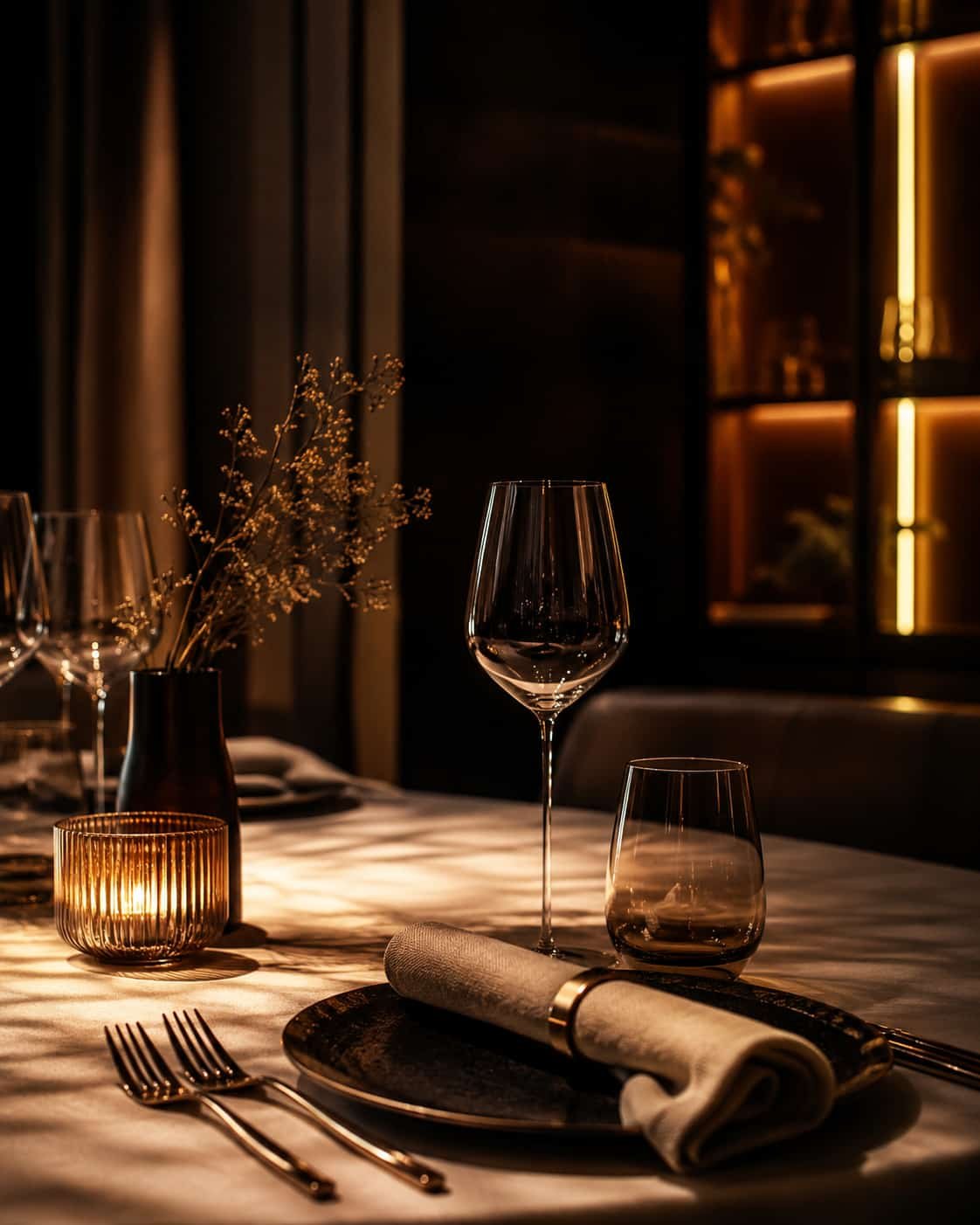 Fine-Dining-Szene mit gedecktem Tisch, warmem Licht, Glas und Stoffserviette.