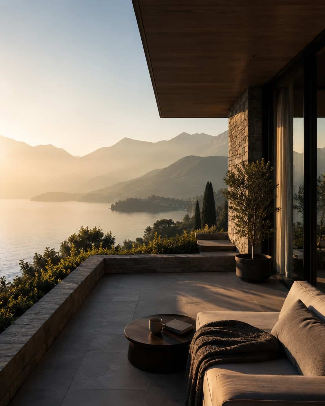 Private Terrasse eines exklusiven Hideaways mit weiter Landschaft und ruhigem Morgenlicht.