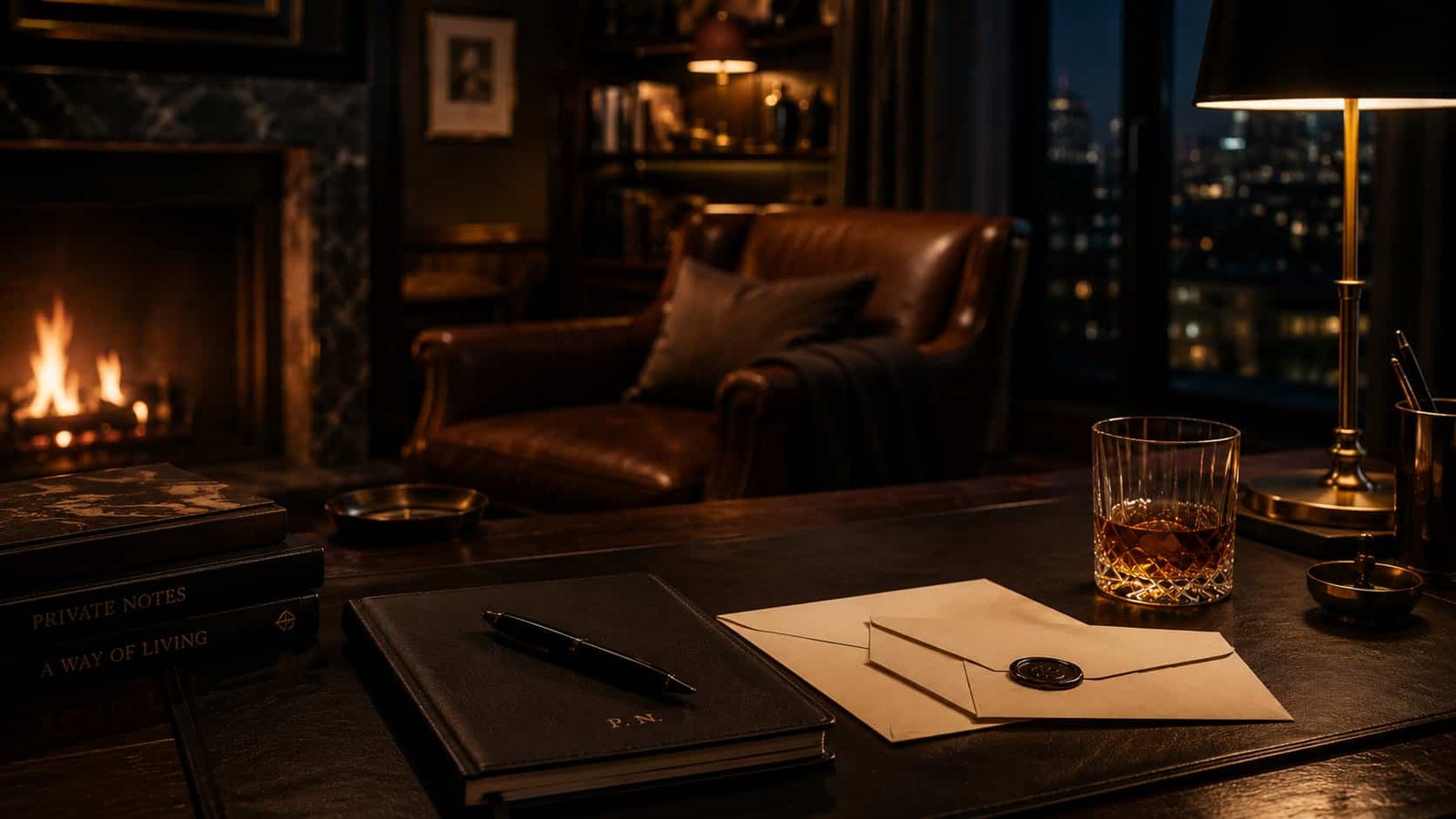 Elegante Lounge oder privates Arbeitszimmer am Abend mit Kamin, Sessel, Notizbuch und diskretem Licht.