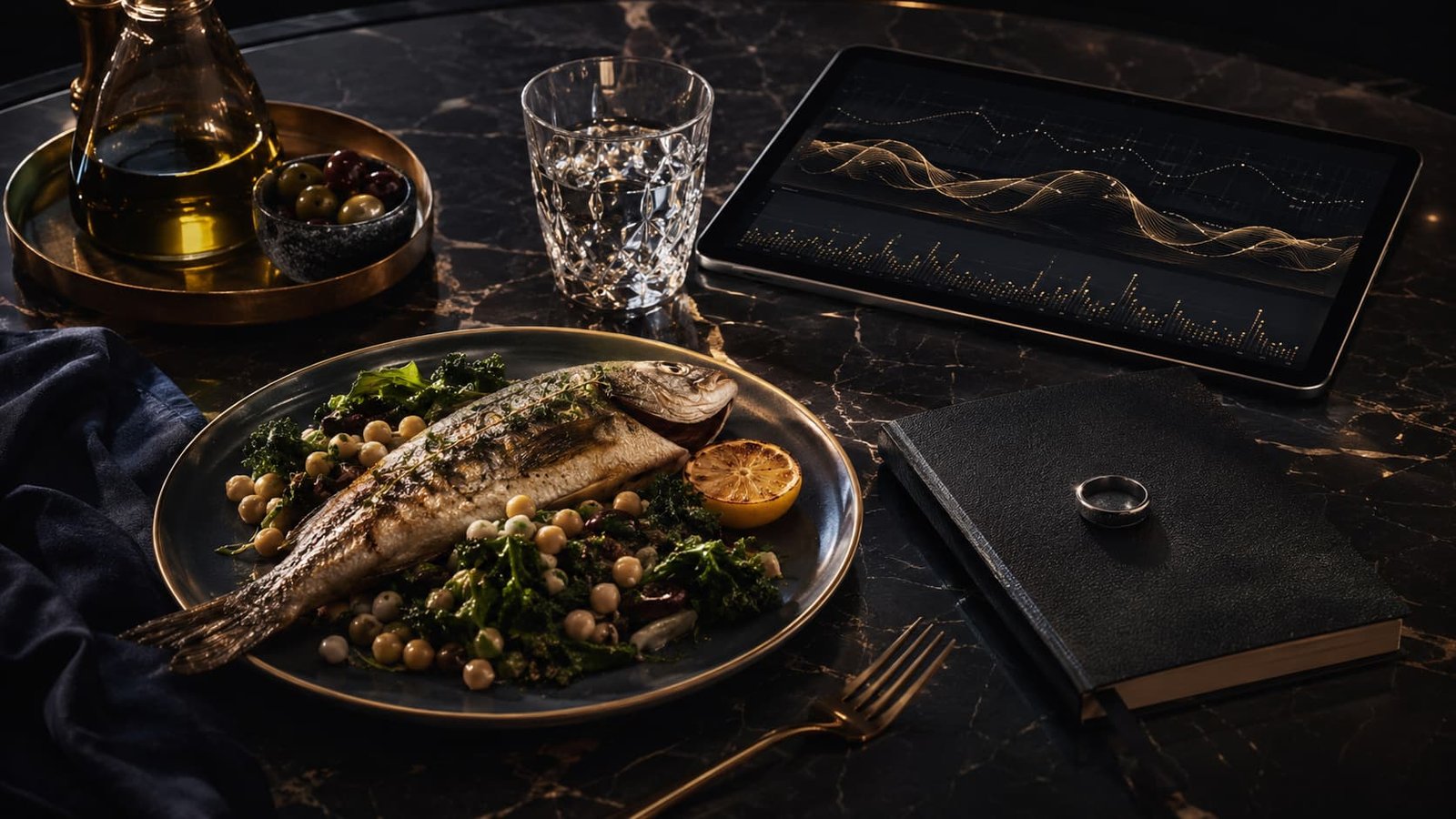 Hochwertiges Stillleben mit mediterraner Ernährung, Wearable, Notizbuch und abstrakten Stoffwechselkurven.