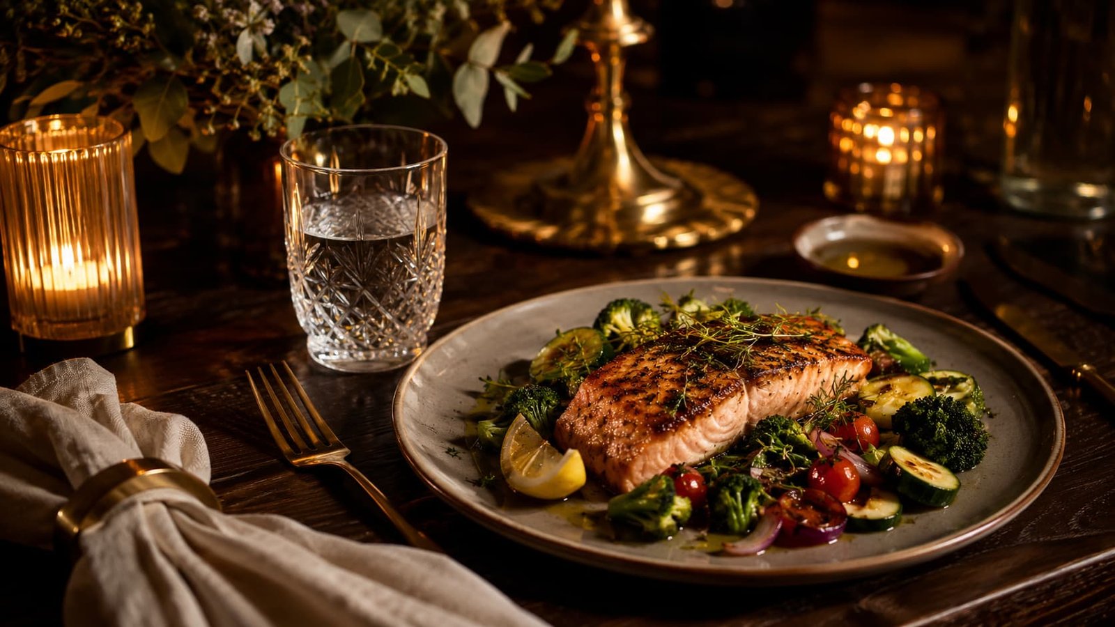 Ruhiges hochwertiges Dinner-Setting mit Protein, Gemüse, Wasser und warmen Goldreflexen als Symbol für Sättigung und Maß.