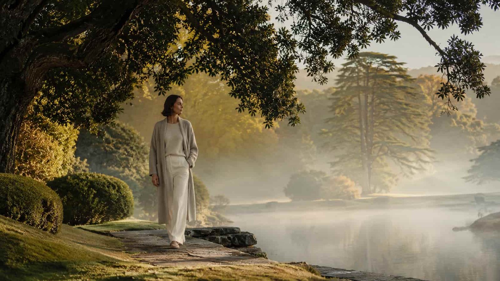 Elegante Person geht langsam durch eine neblige Naturlandschaft als Symbol für Atem, Natur und Regulation.