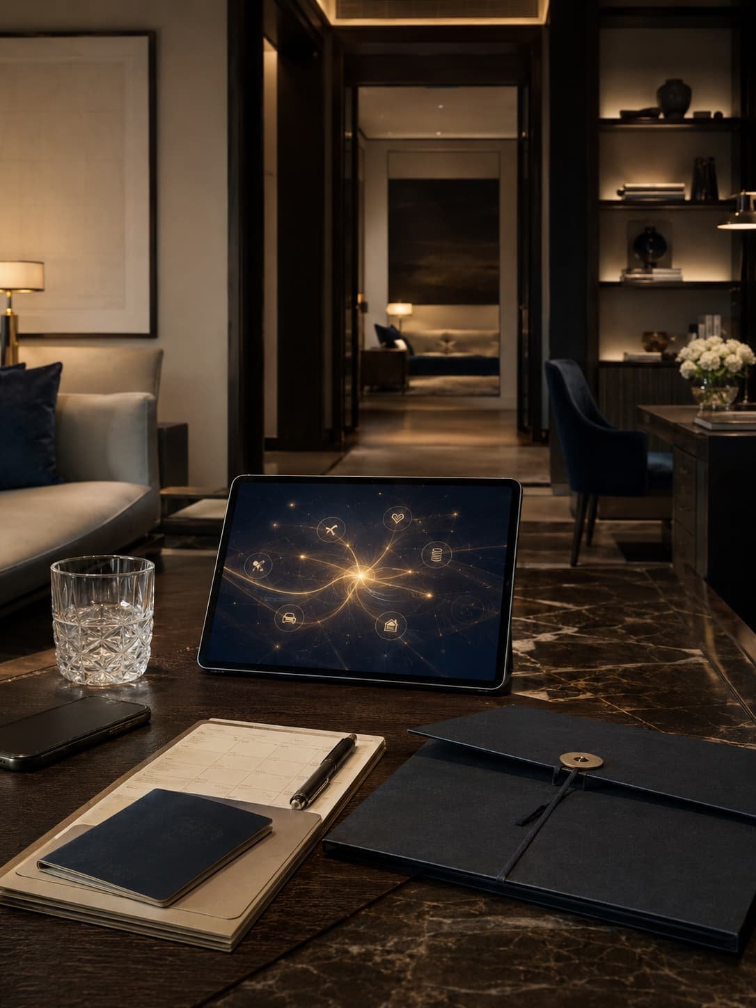 Elegante private Suite mit Reiseunterlagen, Kalender, Vermögensmappe, Smartphone und abstrakter Service-Orchestrierung.