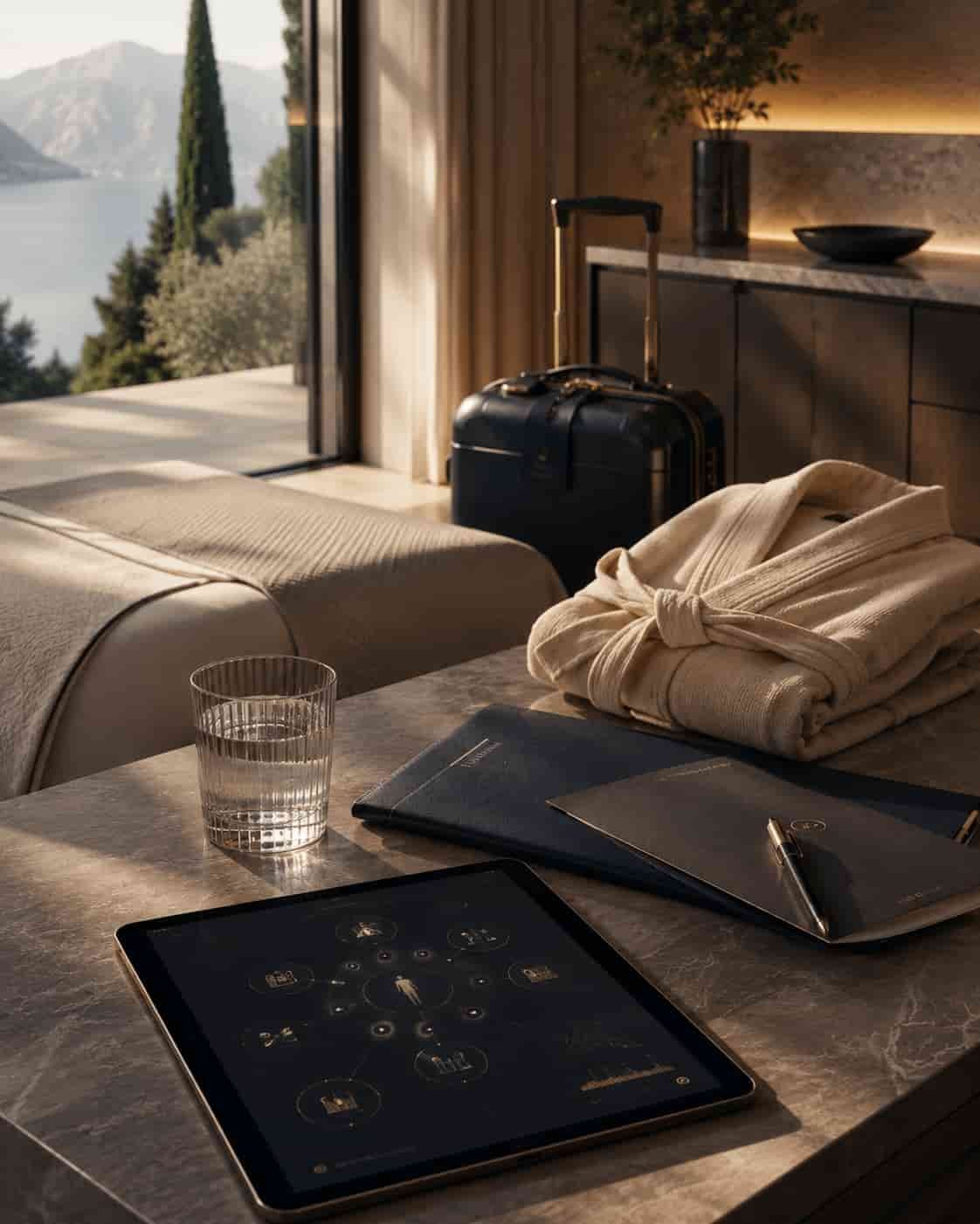 Ruhige Wellness-Retreat-Suite mit Gepäck, Bademantel, Wasser, Health-Mappe und abstrakter Regenerationsplanung.