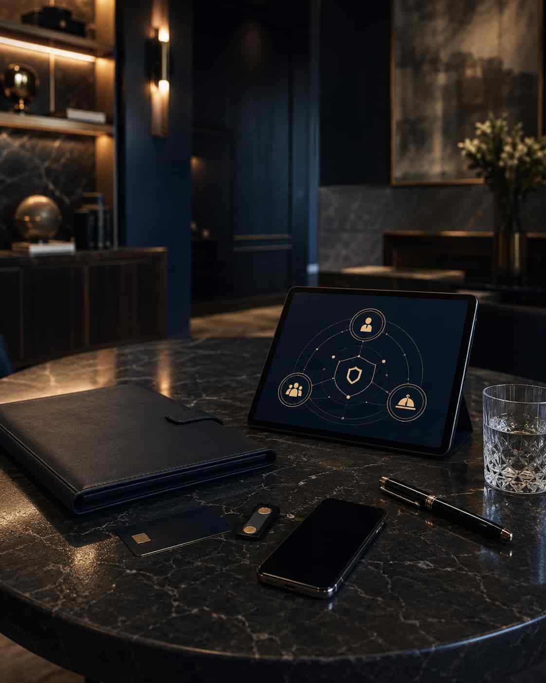 Diskreter Beratungstisch mit Vermögensmappe, Zugangskarte, Sicherheitsschlüssel, Smartphone und abstrakter Verbindung von Wealth, Security und Concierge.