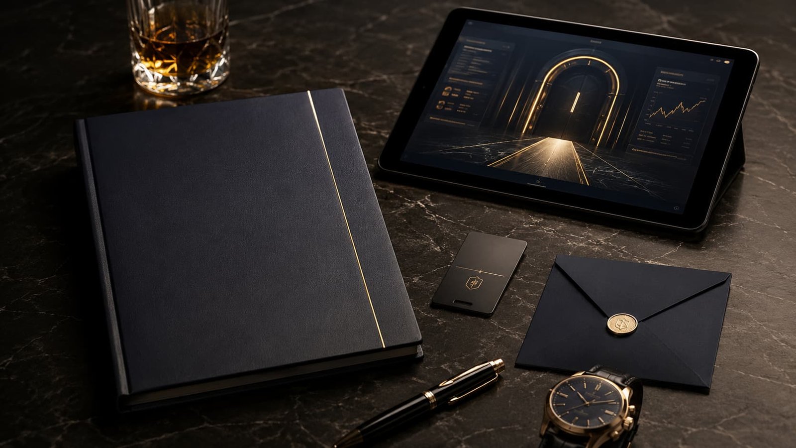 Eleganter privater Investmentraum mit geschlossenen Deal-Mappen, Architekturmodell und abstrakter Private-Markets-Struktur.