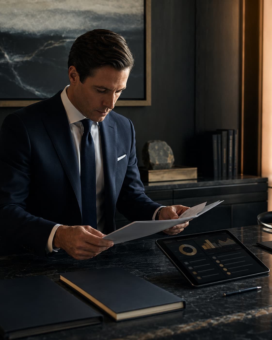 Family-Office-Analyst prüft Private-Markets-Due-Diligence-Unterlagen, Risikohinweise und Liquiditätsprofil in einem diskreten Investmentbüro.