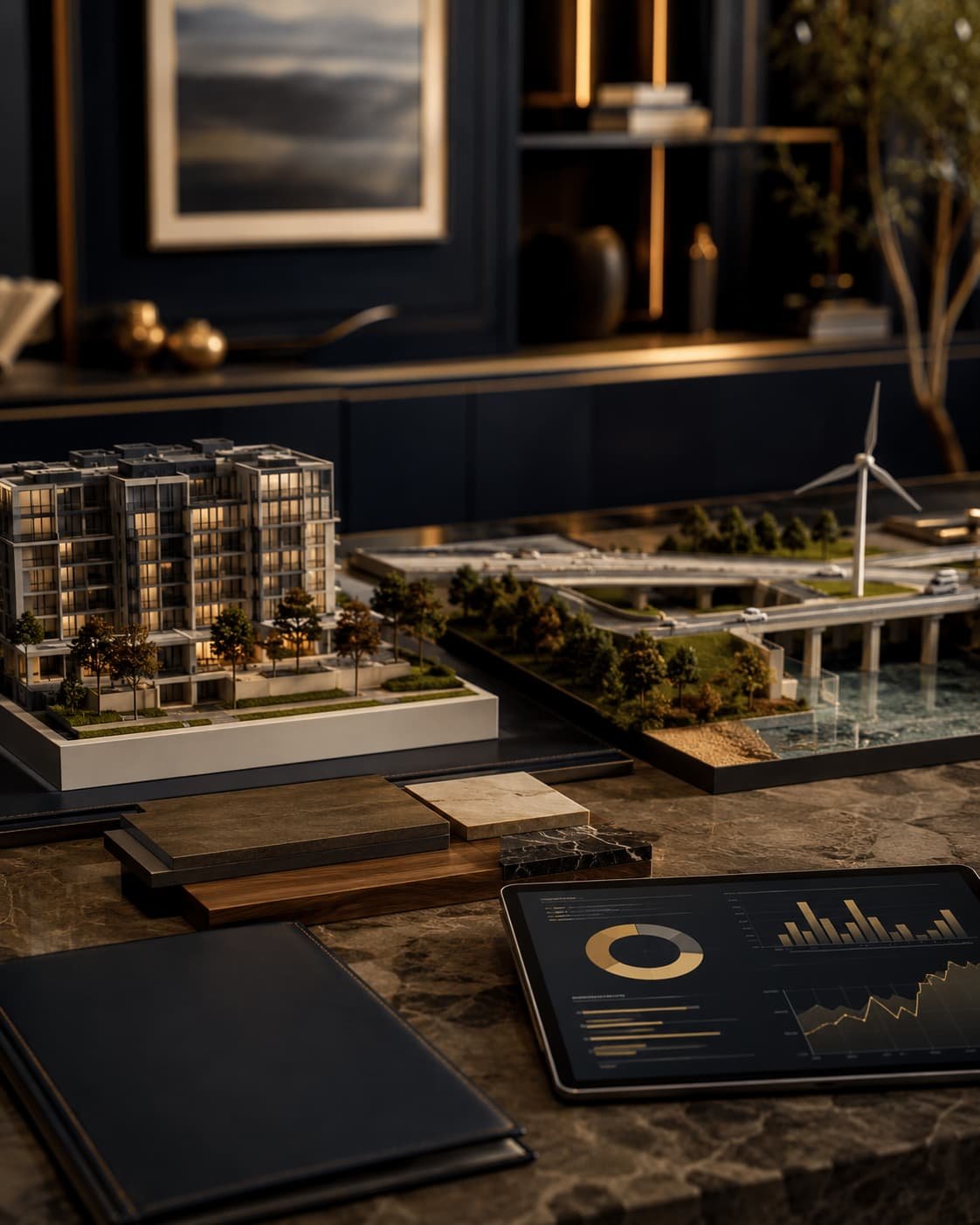 Elegantes Investment-Stillleben mit Architekturmodell, Infrastrukturmodell, Materialmustern und abstrakter Kapitalstruktur.