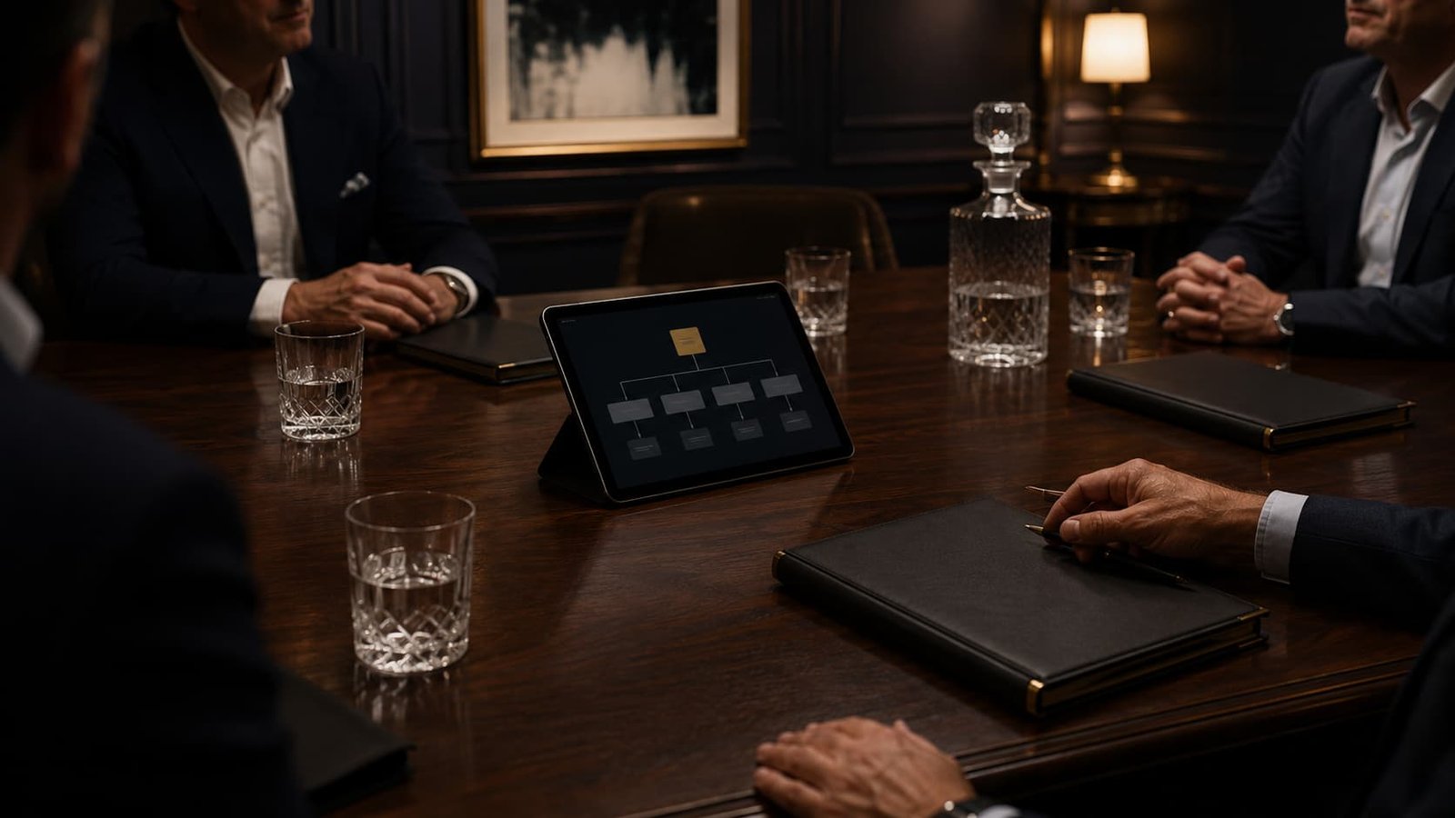 Diskretes Club-Deal-Meeting in einem eleganten Boardroom mit geschlossenen Mappen, Wasser und abstrakter Co-Investment-Struktur.