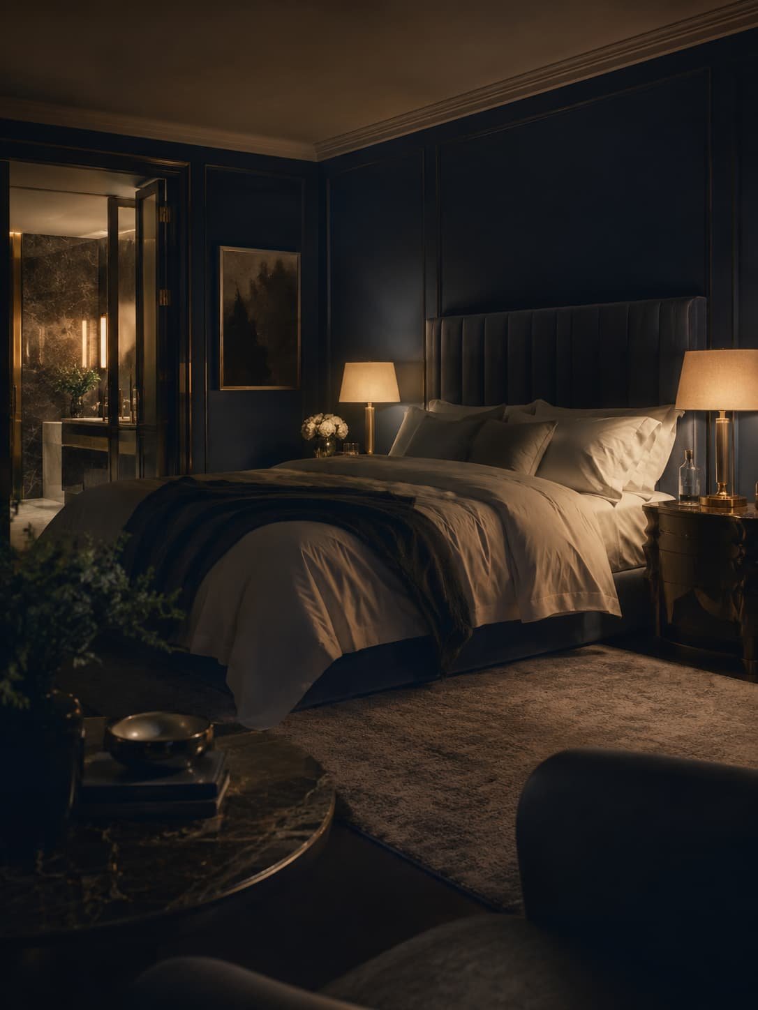 Luxuriöses Schlafzimmer in ruhiger Nachtstimmung mit dunklen Blautönen, warmem Goldlicht und hochwertiger Bettwäsche als Symbol für Schlaf als neuen Luxus.