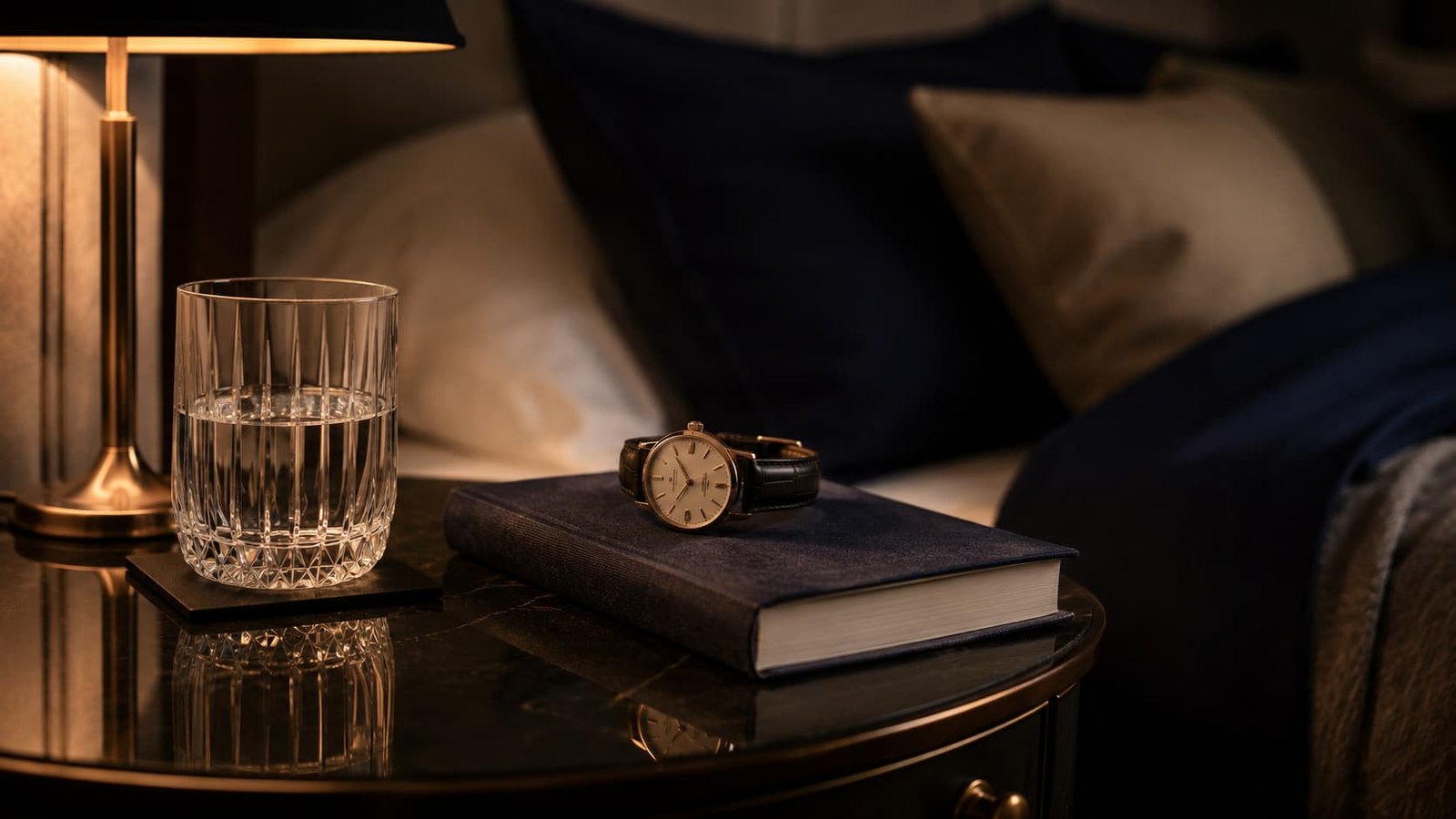 Hochwertiges Nachtstillleben mit Wasserglas, Buch, Uhr und warmer Lampe als Symbol für bewusste Abendruhe.