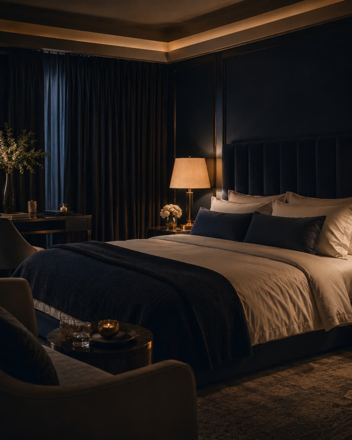 Elegante Luxushotel-Suite mit verdunkelten Vorhängen, warmem indirektem Licht und perfekt gemachtem Bett als Sleep-Tourism-Szene.