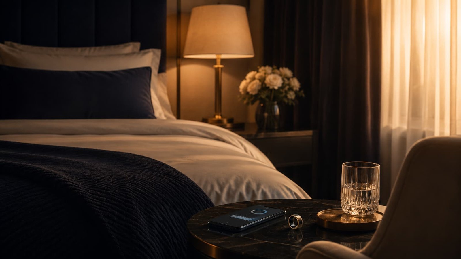 Diskretes Schlaftracking mit Wearable und Smartphone in hochwertiger Morgenstimmung neben einem luxuriösen Bett.