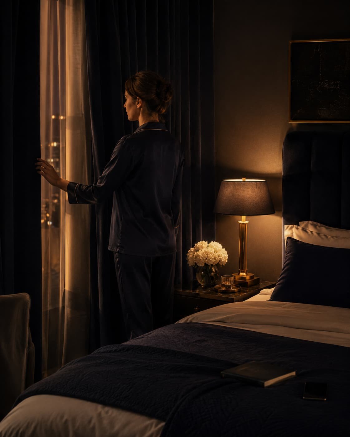 Elegante Abendroutine in einem hochwertigen Apartment mit gedimmtem Licht, geschlossenen Vorhängen und bewusst abgelegtem Smartphone.