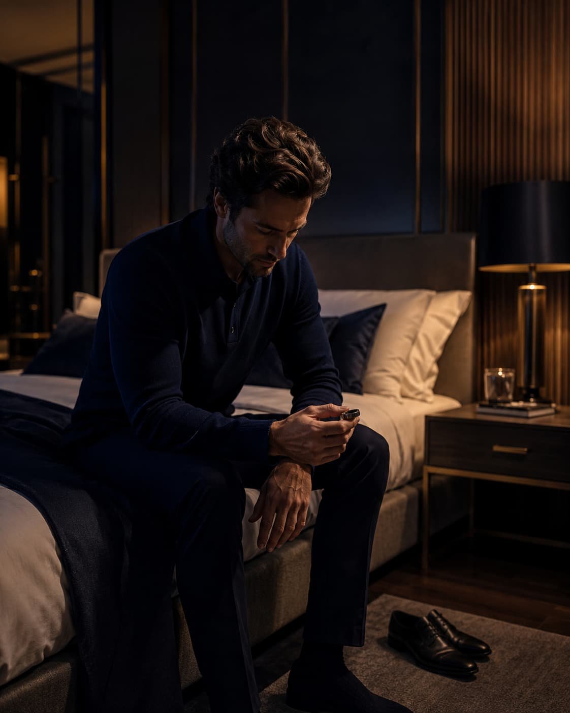 Person sitzt in einem luxuriösen Schlafzimmer am Bettrand und betrachtet ein Wearable als Symbol für die Grenze zwischen Schlafoptimierung und Kontrolle.