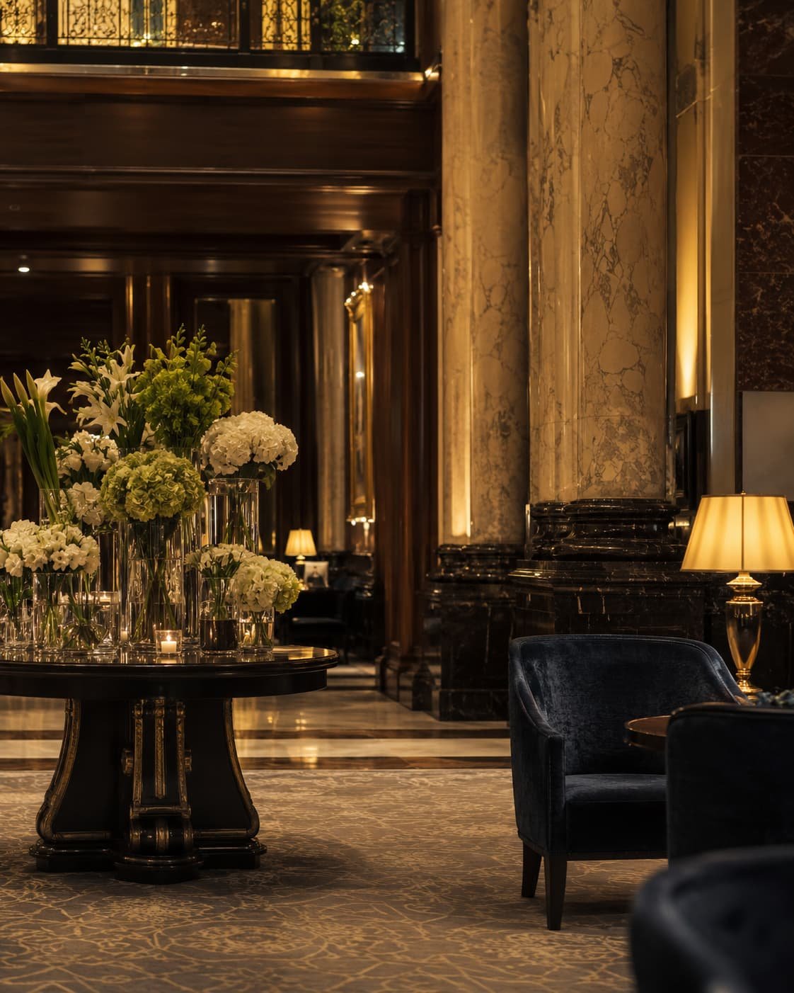 Elegante Grand-Hotel-Lobby mit Marmor, dunklem Holz, Blumenarrangement und warmem Abendlicht.