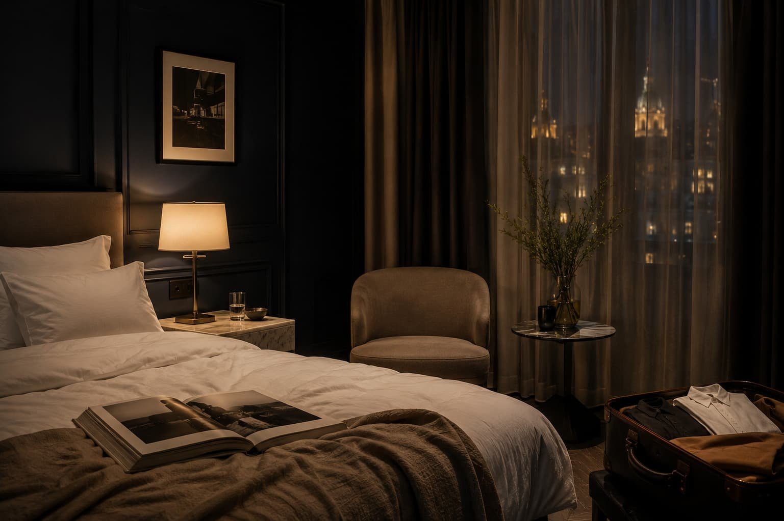 Ruhige Boutiquehotel-Suite mit Leinenbett, Marmortisch, Kunstbuch und gedämpftem Stadtlicht.